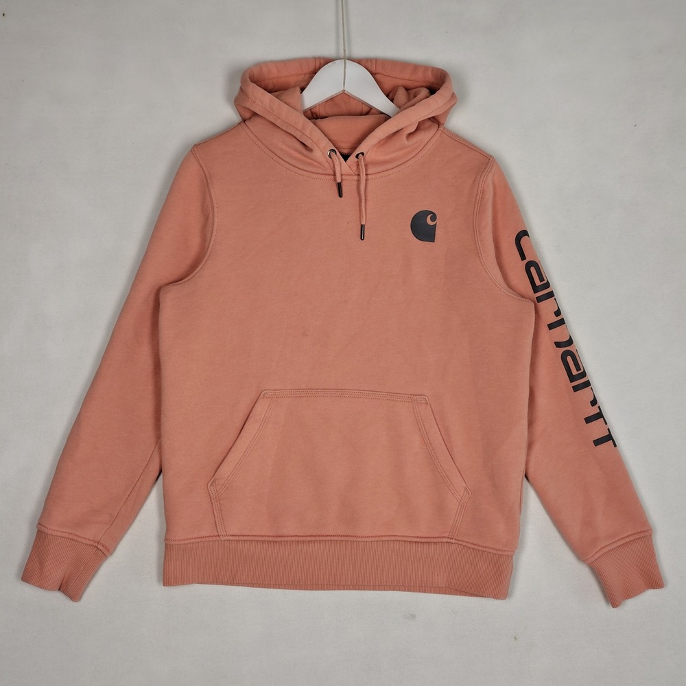 Carhartt Relaxed Fit Hoodie Salmon Pink Logo Sleeve Graphic 102791 P19 Medium